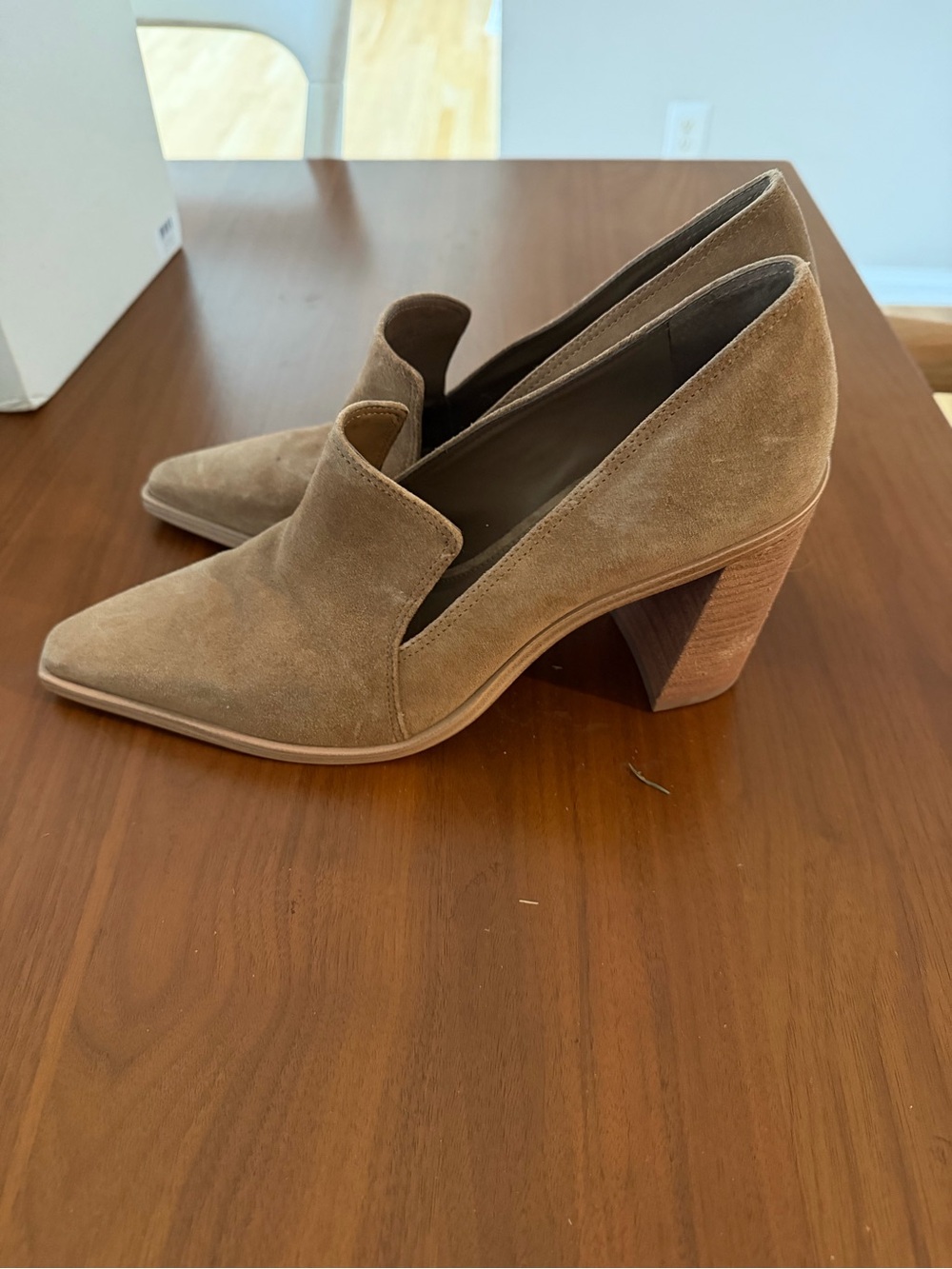 Vince Camuto Tan Suede Pointed-Toe Block Heel Pumps